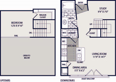 Floor plan for 1 bed, 1 bath, 783 sqft